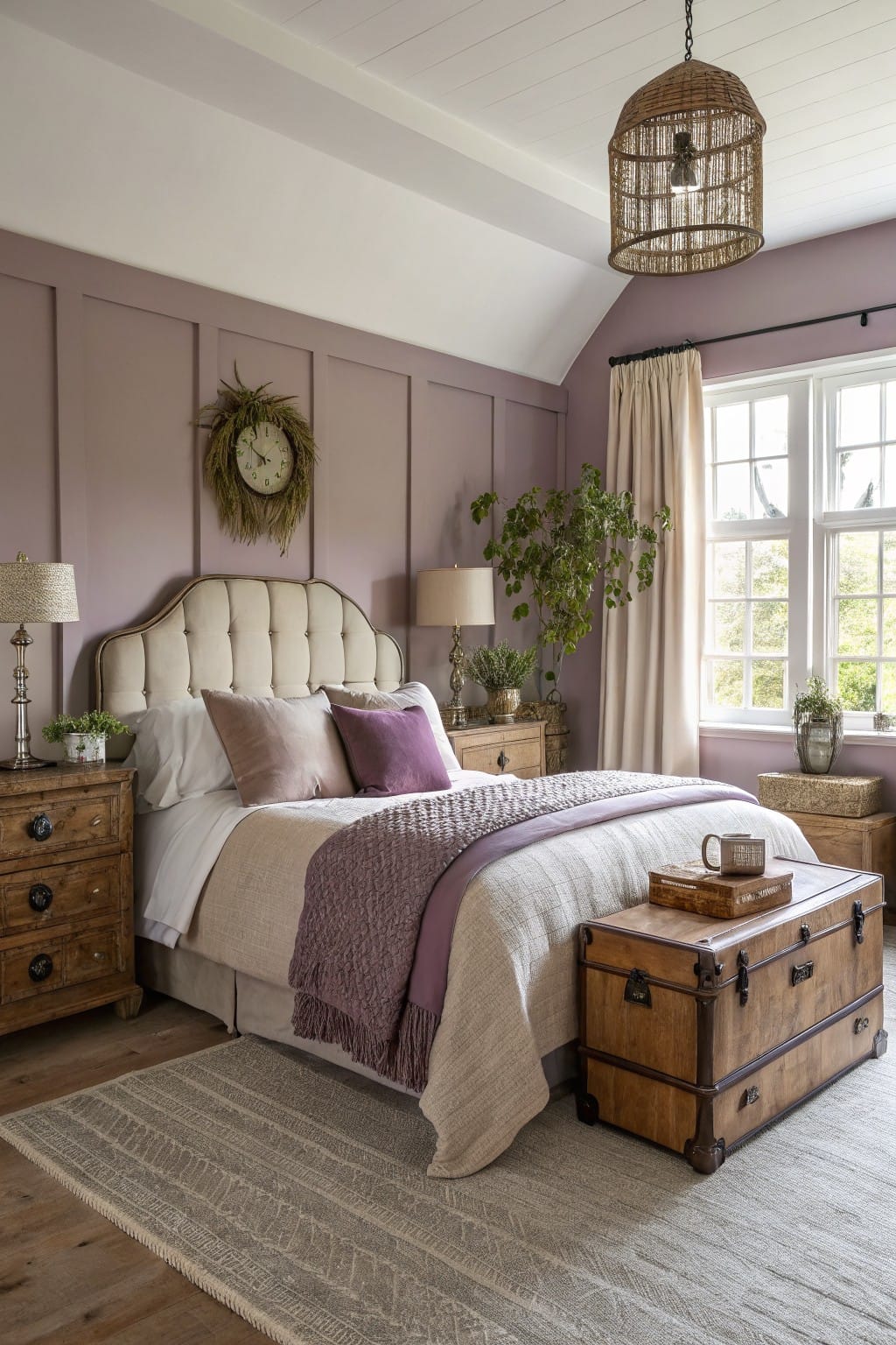 Bedroom with dusty mauve board-and-batten walls, tufted beige headboard, wooden furniture, purple throw, and soft natural light