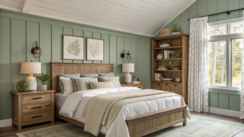 Bedroom with soft sage green board-and-batten walls, beige wooden bed frame, neutral pillows and throw, wood nightstands, and sliding doors to outdoors