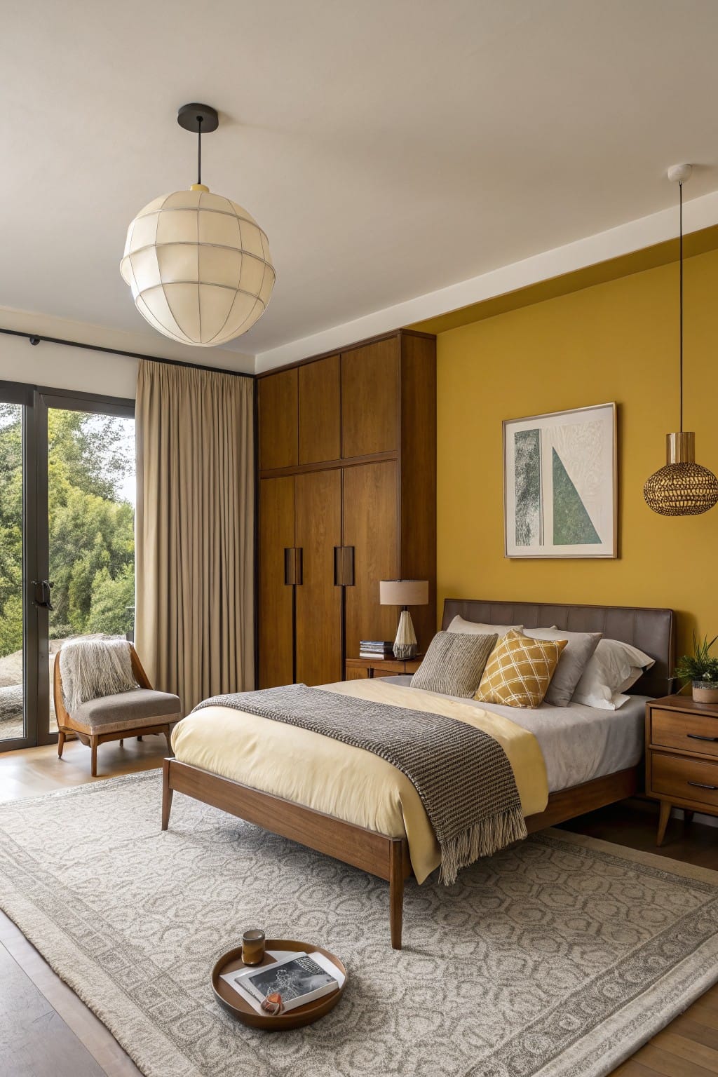Cozy bedroom with mustard yellow accent wall, wooden mid-century bed and wardrobe, neutral bedding, and pendant lights