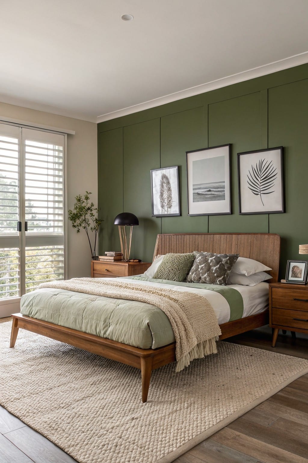 Cozy bedroom featuring a muted sage green paneled accent wall, wooden mid-century bed with neutral bedding, potted plant, and sheer-curtained windows overlooking greenery