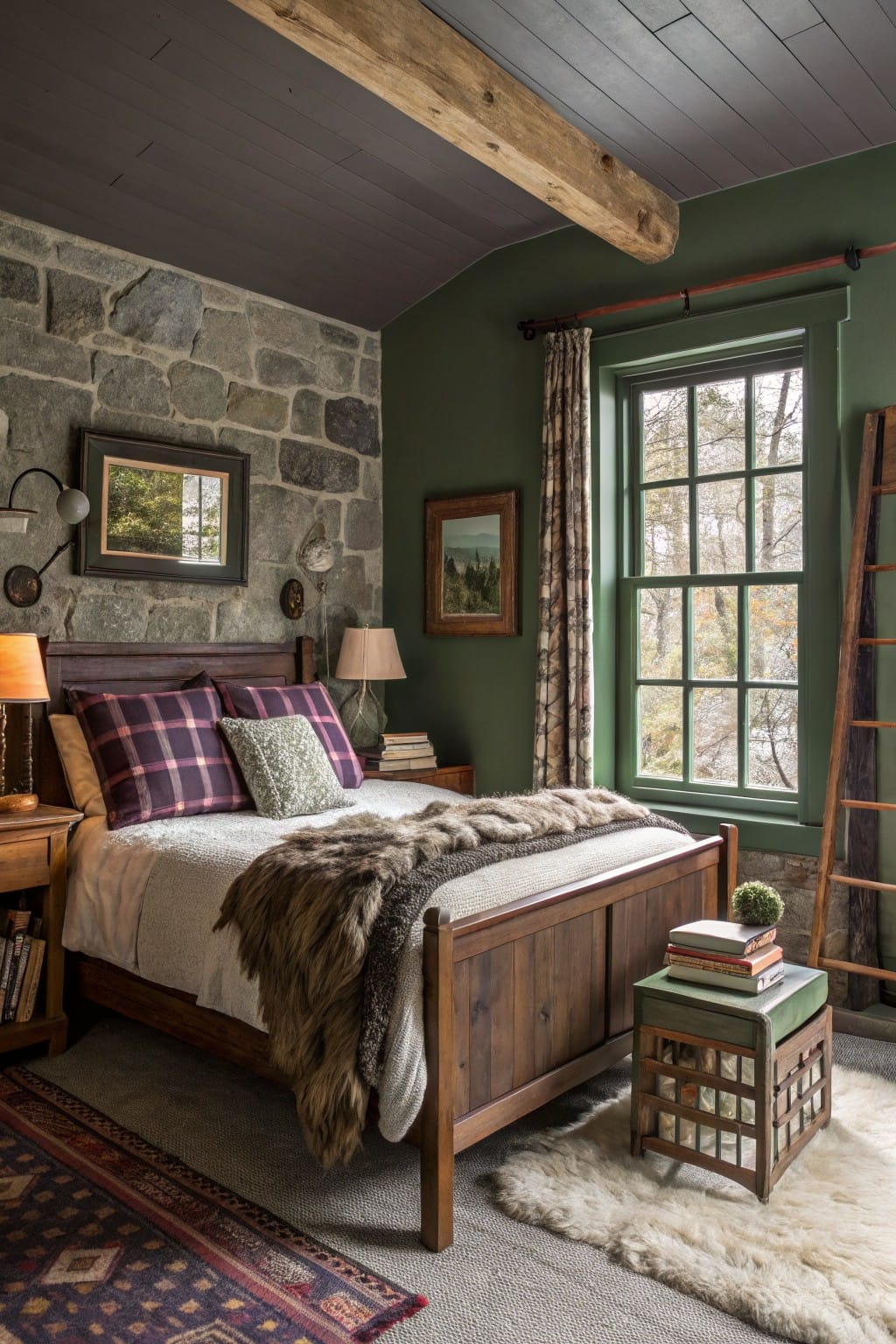 Cozy bedroom featuring muted sage green walls beside a stone accent wall, wooden bed with plaid pillows and fur throw, green window trim, and ladder decor