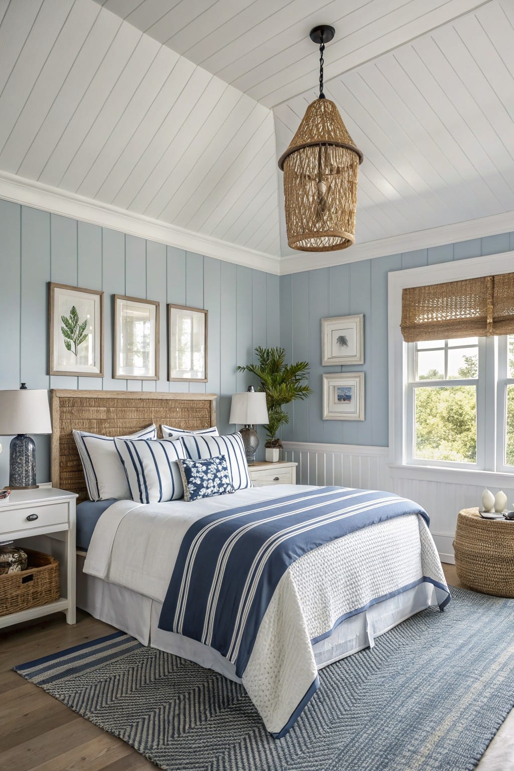 Cozy bedroom featuring pale blue shiplap walls, rattan headboard, navy striped bedding, white trim, and coastal accents under a woven pendant light