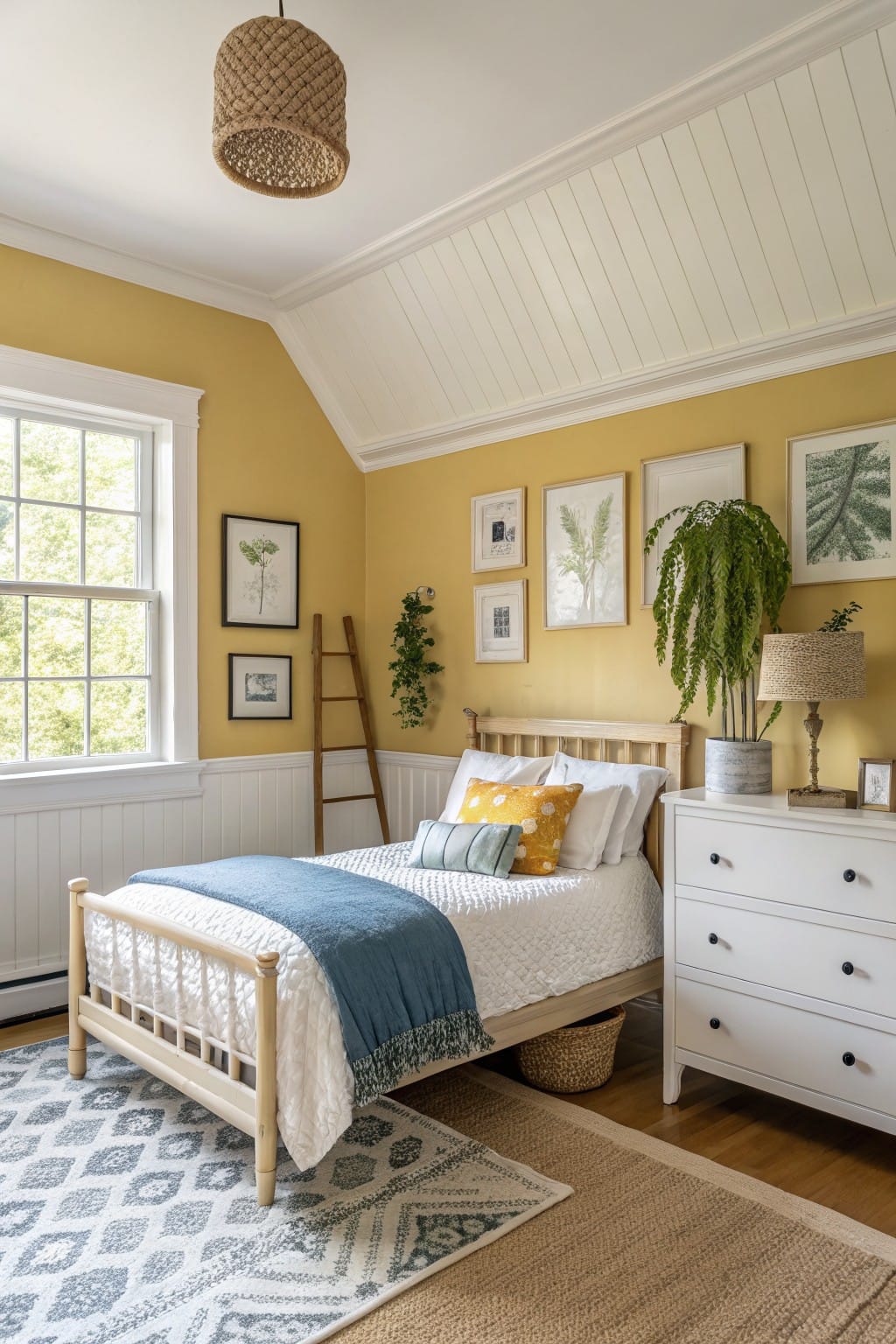 Cozy bedroom with pale yellow walls, white wood trim, wooden bed with blue bedding, dresser, plants, and botanical artwork