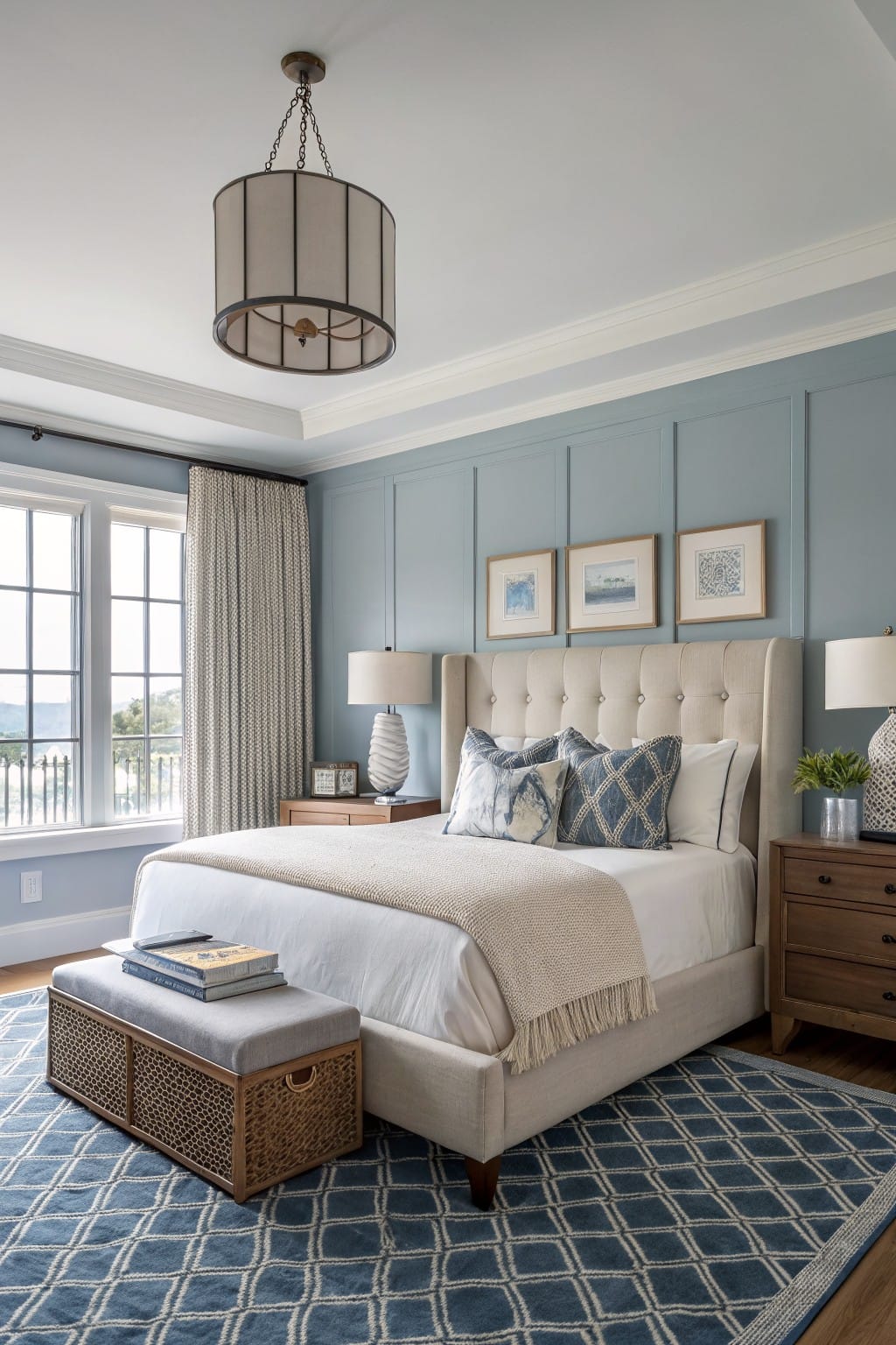 Cozy bedroom with soft blue-gray board-and-batten walls, tufted beige bed, blue pillows, wood nightstands, and blue rug