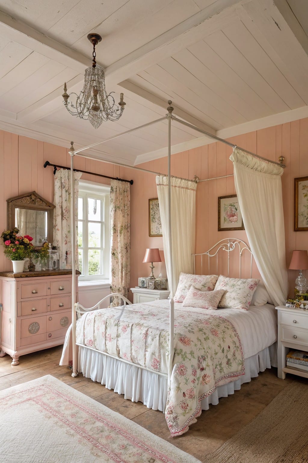 Cozy bedroom with soft blush pink paneled walls, white canopy bed draped in floral linens, antique furniture, and chandelier lighting