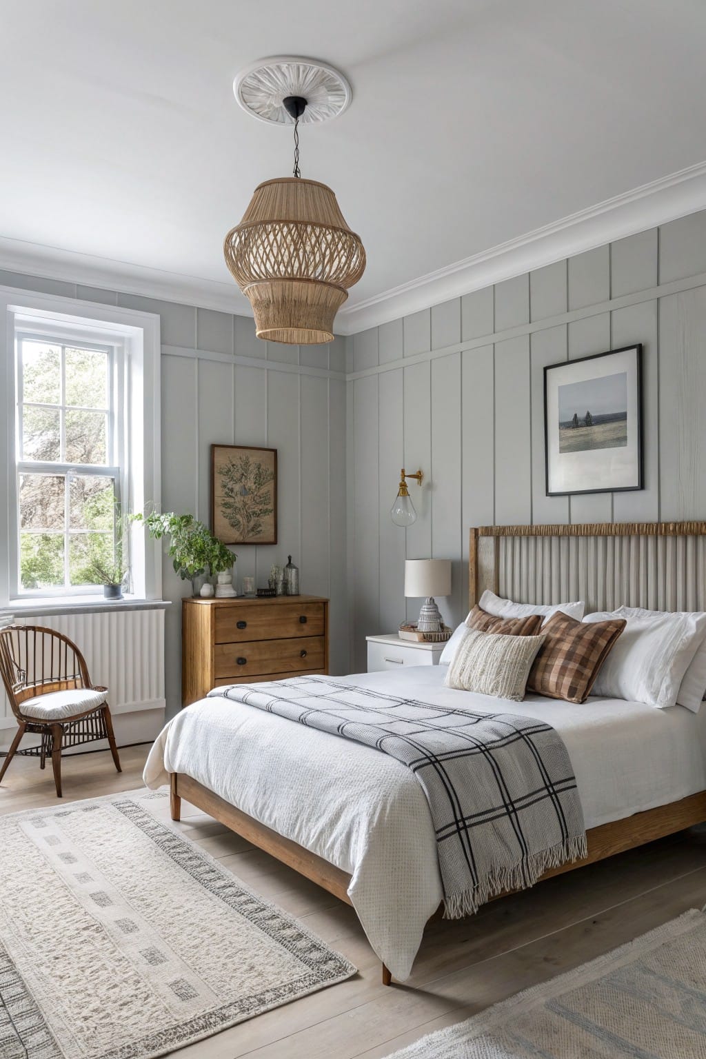 Cozy bedroom featuring soft greige paneled walls, wooden bed with plaid throw, rattan pendant light, and warm wood dresser