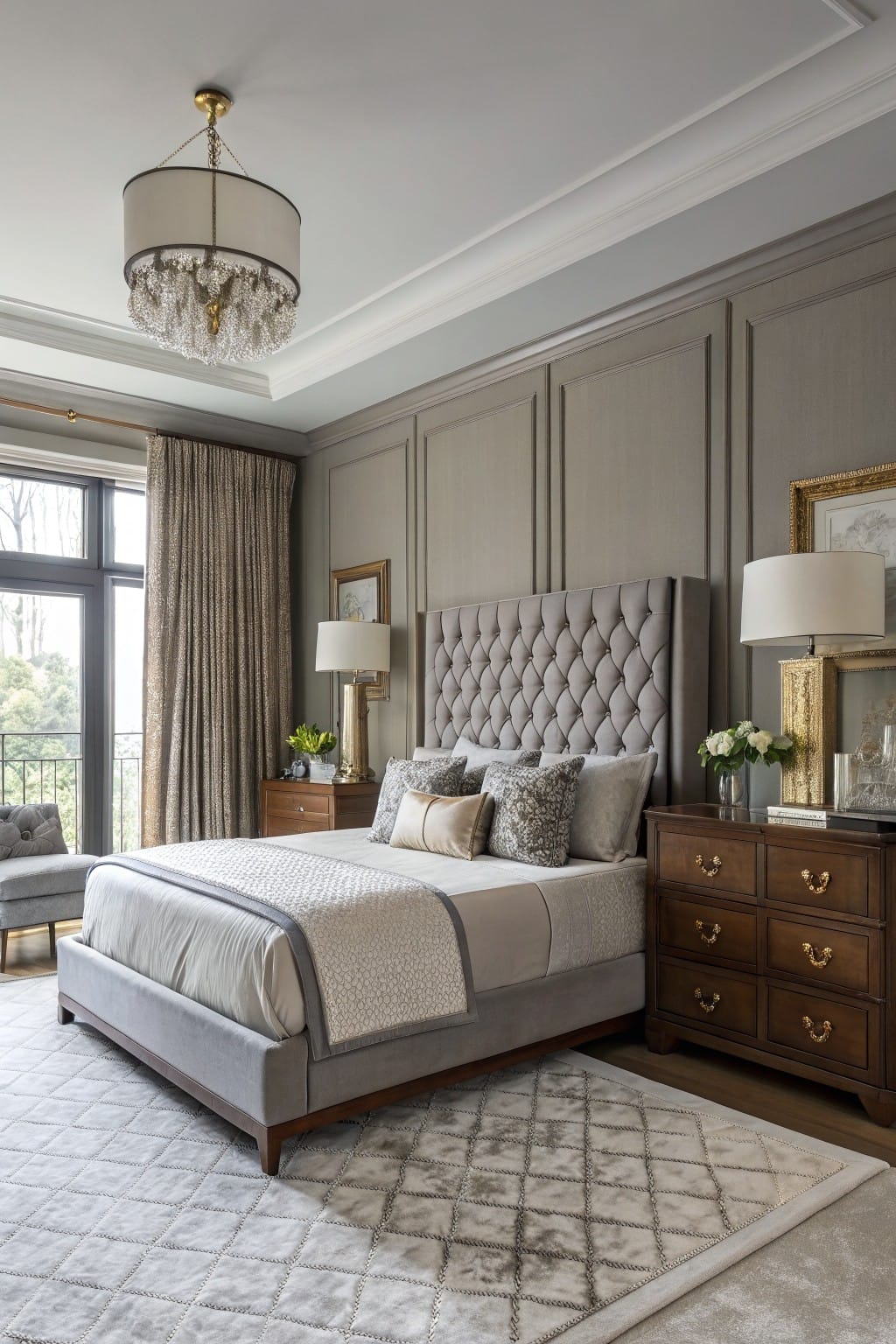 Serene bedroom featuring soft greige paneled walls, tufted gray upholstered headboard, brass-accented lamps, wooden furniture, and large windows with a treetop view