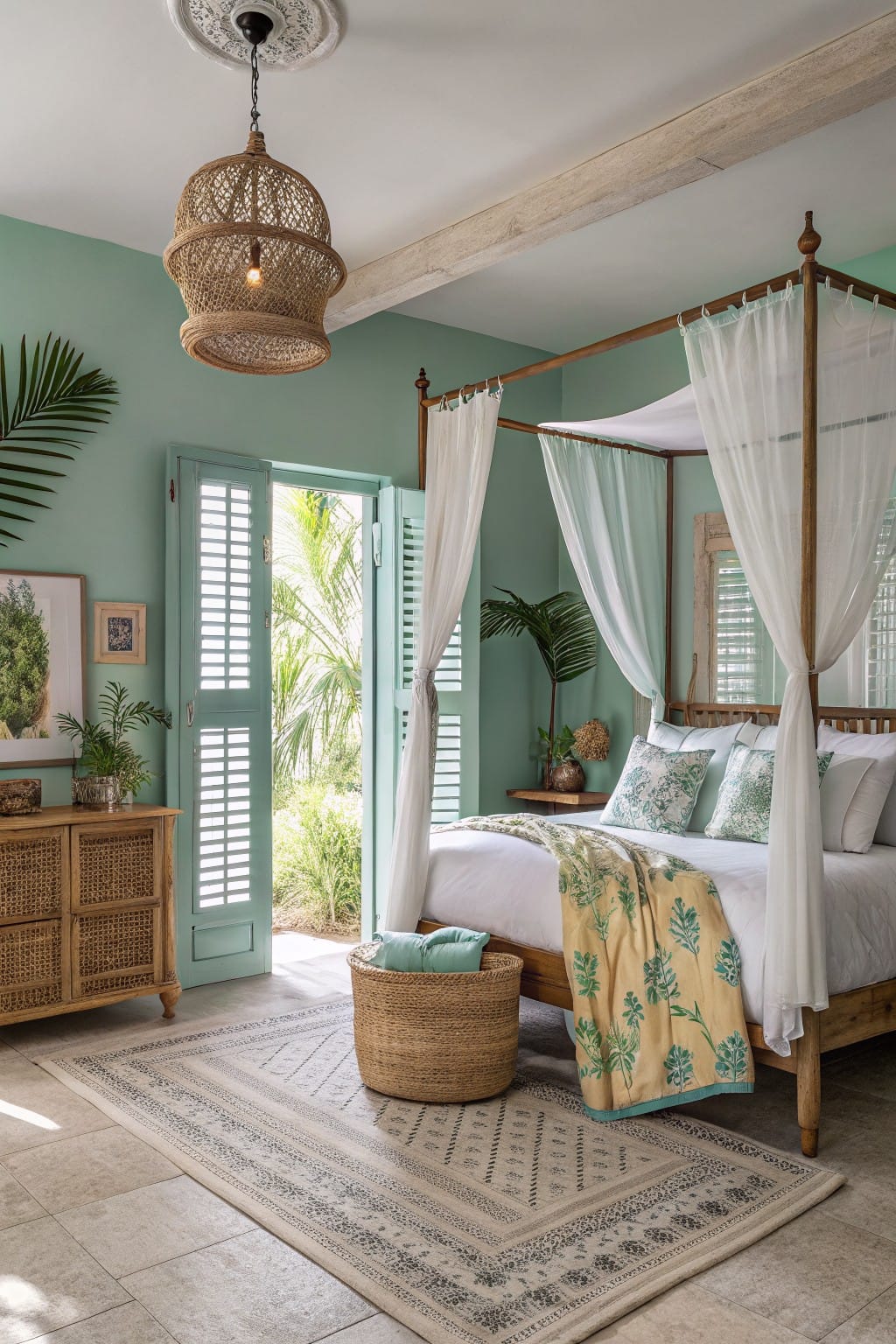 Cozy bedroom with soft mint green walls, white canopy bed draped in sheer curtains, rattan accents, open turquoise shutters revealing palms, woven baskets on tile floor