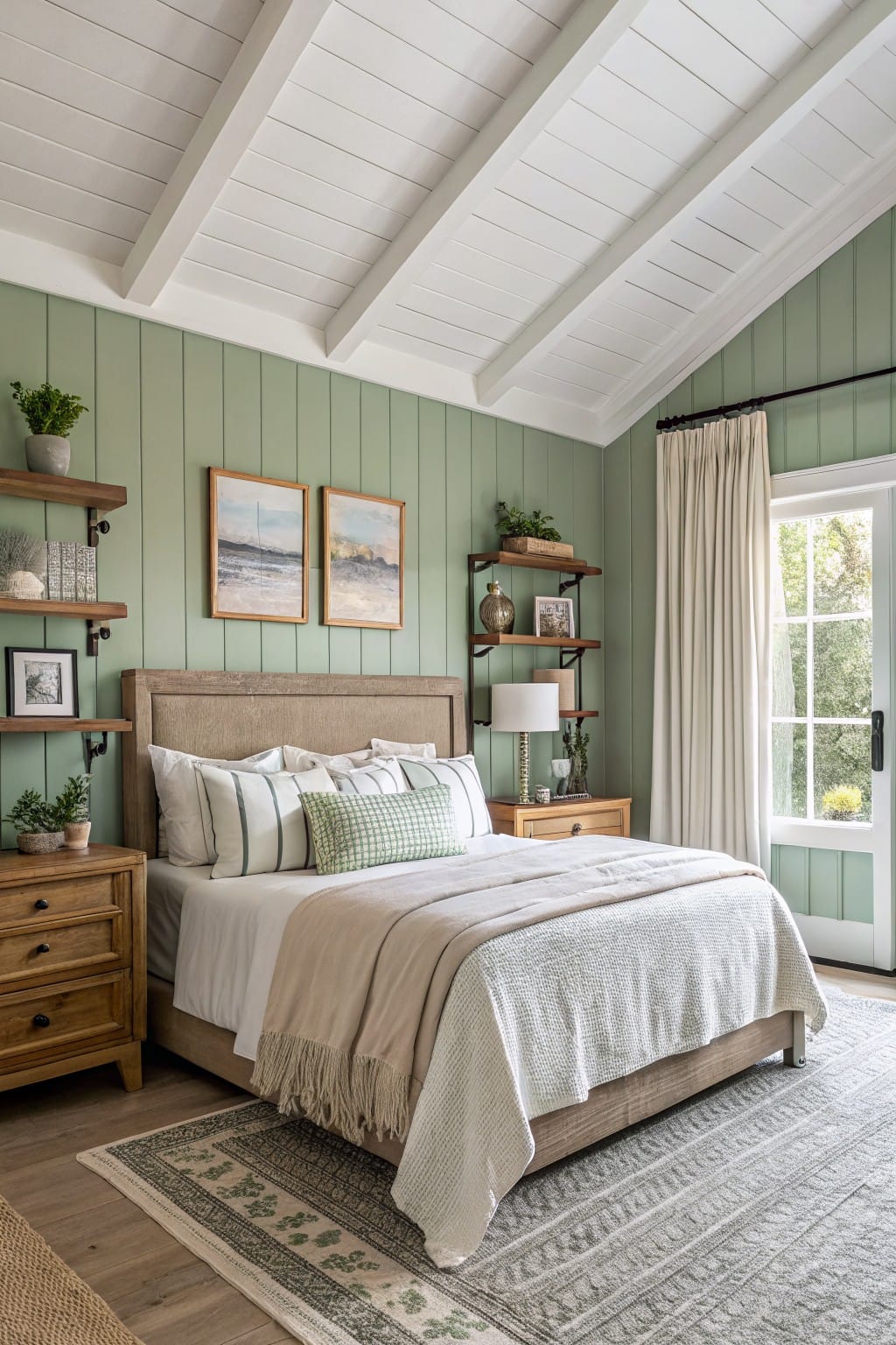 Bedroom with soft sage green board-and-batten walls, beige wooden bed frame, neutral pillows and throw, wood nightstands, and sliding doors to outdoors