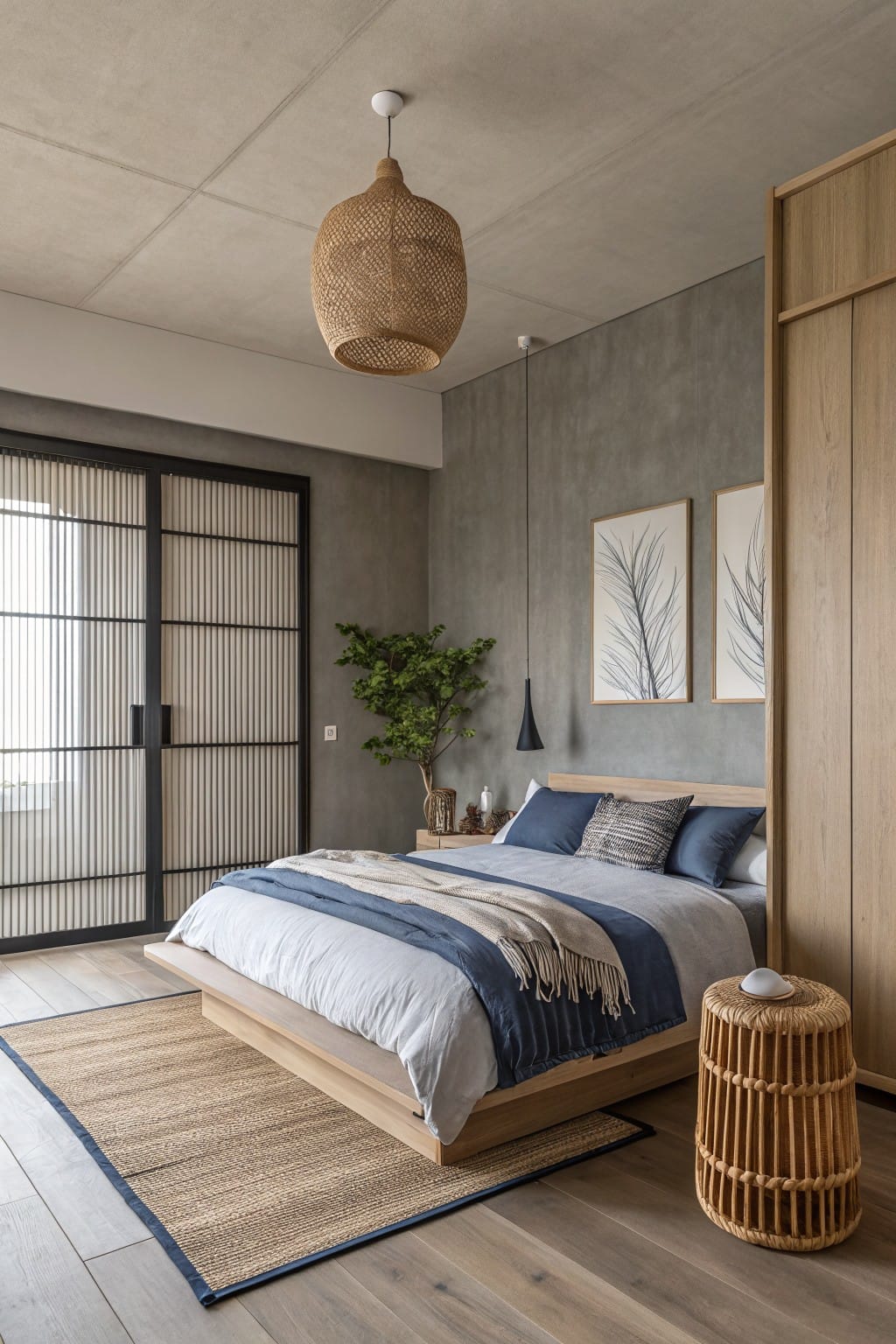 Serene modern bedroom featuring warm gray concrete walls and ceiling, low wooden platform bed with blue linens, shoji sliding doors, rattan pendant light, and potted plants