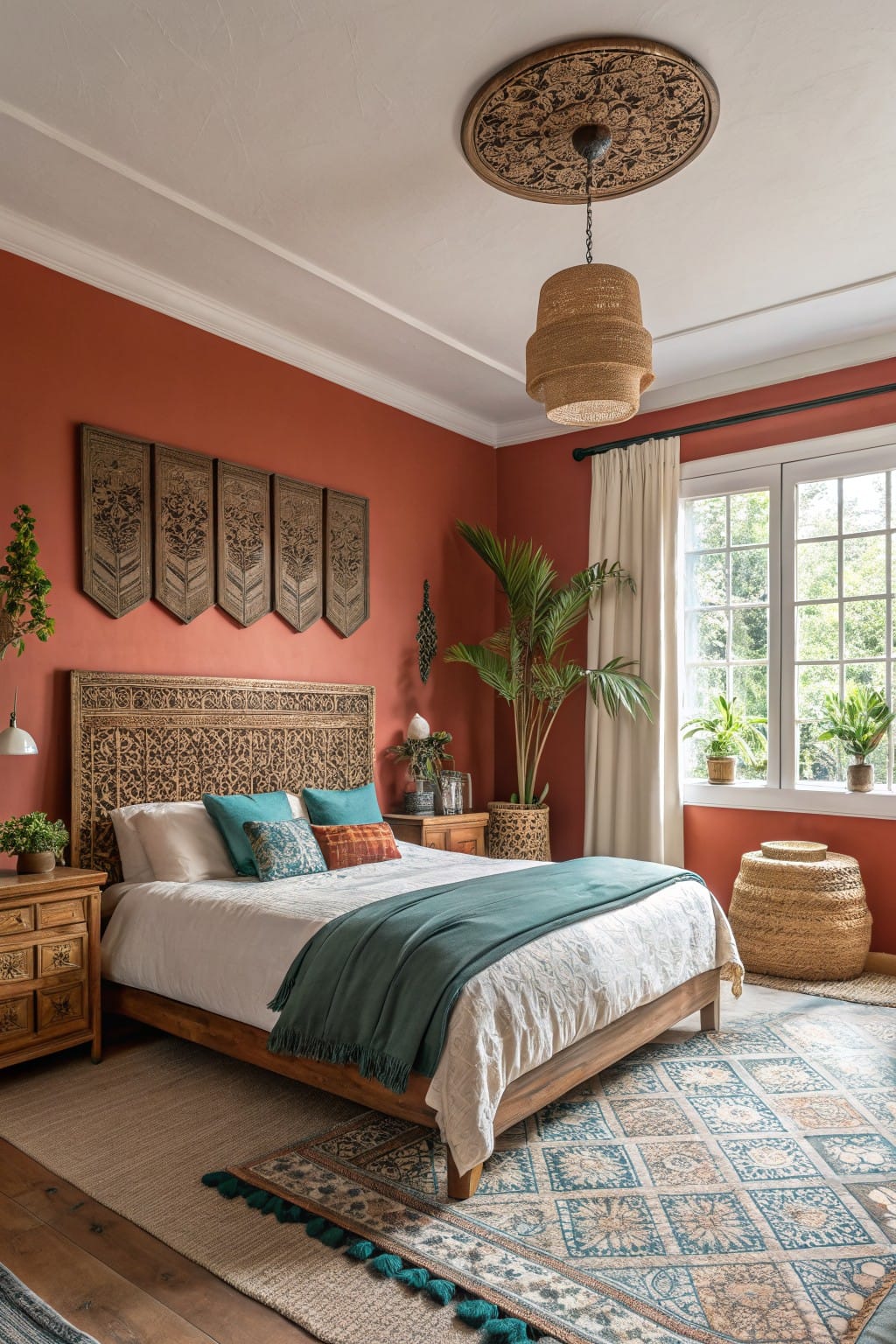 Cozy bedroom featuring warm terracotta walls accented by carved wood headboard, teal bedding, potted plants, and woven basket stool