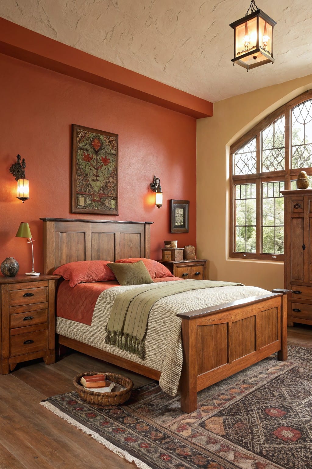 Cozy bedroom featuring warm terracotta accent wall with wooden mission-style bed, nightstands, and arched window