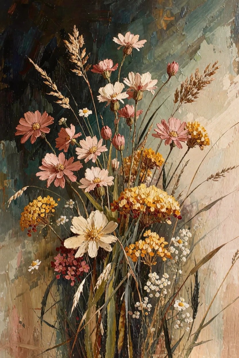 Oil painting of pink cosmos flowers, white daisies, yellow yarrow clusters, wheat stalks, and small white flowers arranged loosely against a dark teal background.