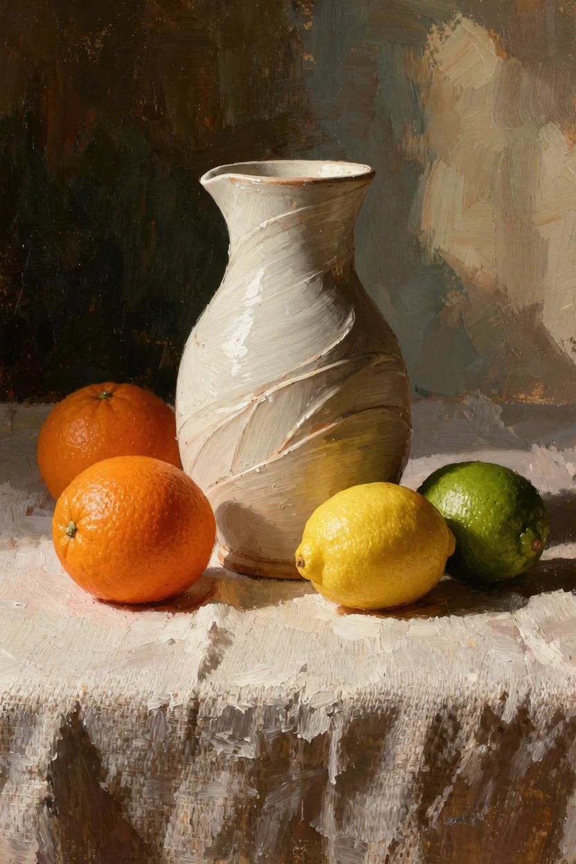 Oil painting of oranges, lemons, limes, and a white swirled pitcher arranged on a draped white cloth against a dark background.
