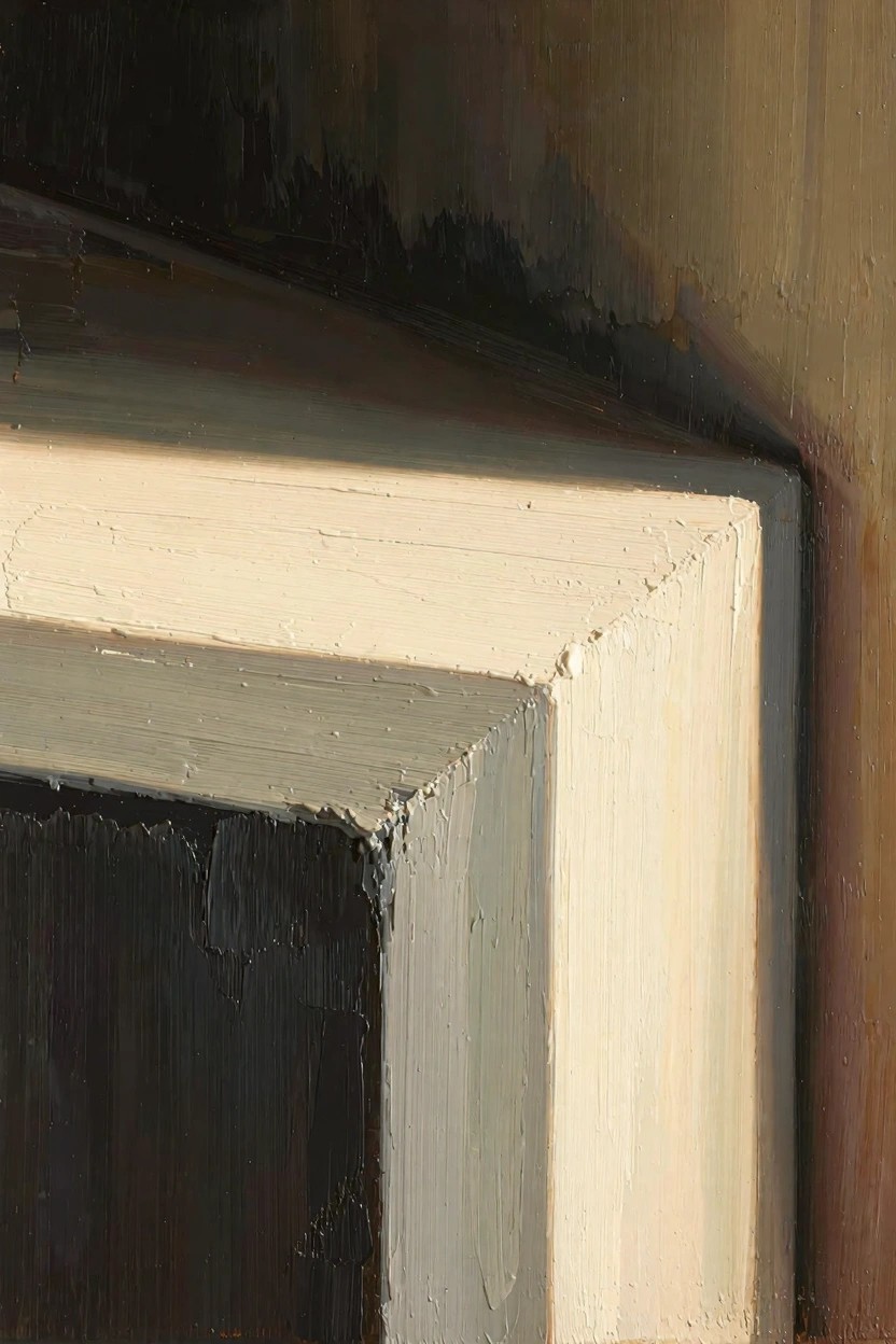 Oil painting of a light beige wall corner with sunlight on one face and deep shadows on the adjacent walls, using textured impasto brushwork.