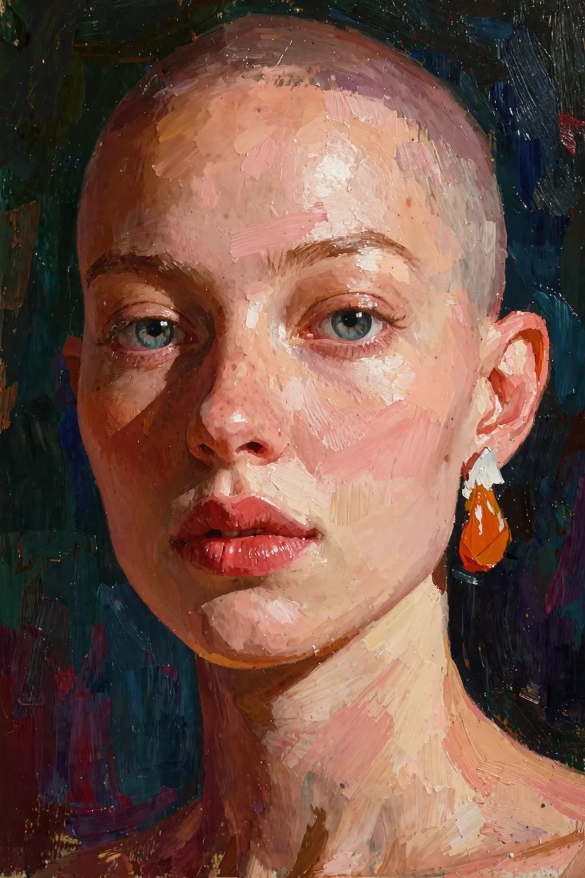 Oil painting close-up portrait of a bald woman with blue eyes, freckles, red lips, white and orange earrings, pale skin, and dark teal background.