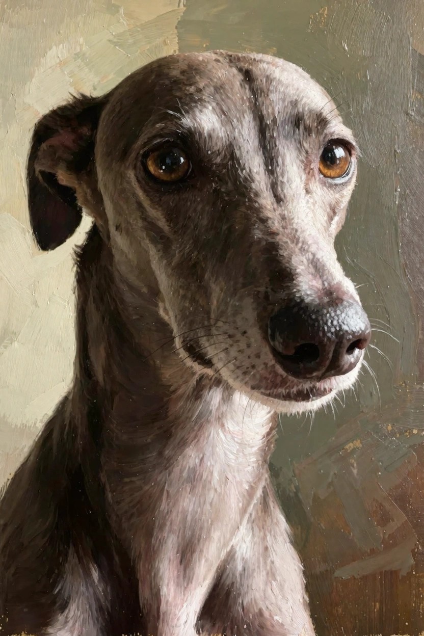 Oil painting close-up of a greyhound dog's head with yellow eyes, grey fur, black nose, and green background.