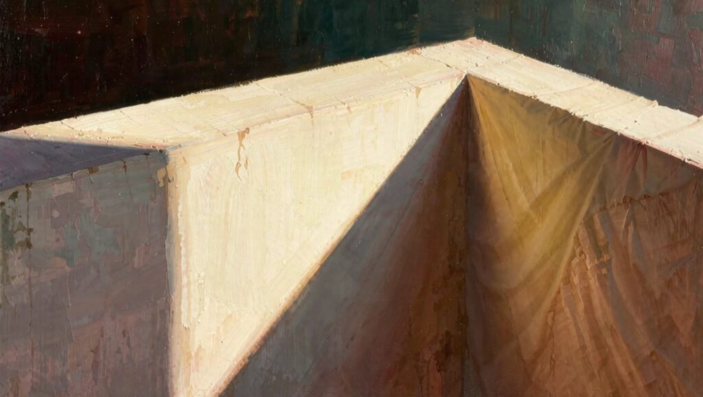 Oil painting of a light beige wall corner with sunlight on one face and deep shadows on the adjacent walls, using textured impasto brushwork.