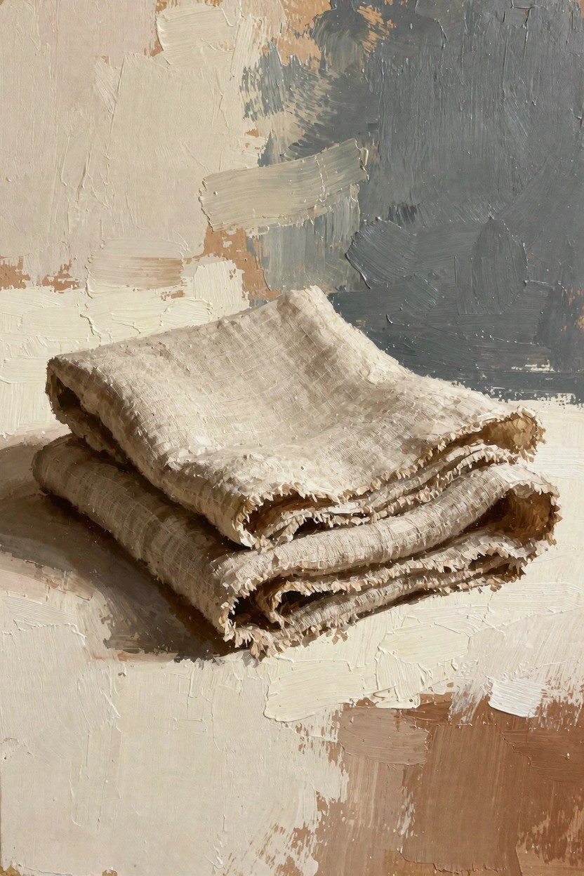 Oil painting of two stacked folded beige linen cloths with textured folds on an abstract background of scraped neutral paint.