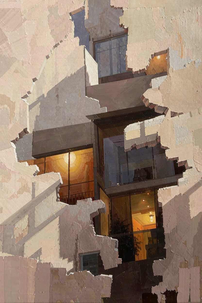 Oil painting of a fragmented modern building with broken walls revealing multi-level interiors lit by lamps and sunset through windows.