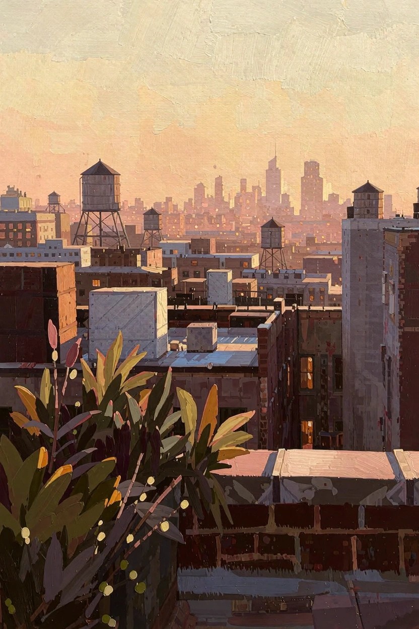 Oil painting depicting a rooftop garden view of water towers, buildings, and a sunset city skyline.
