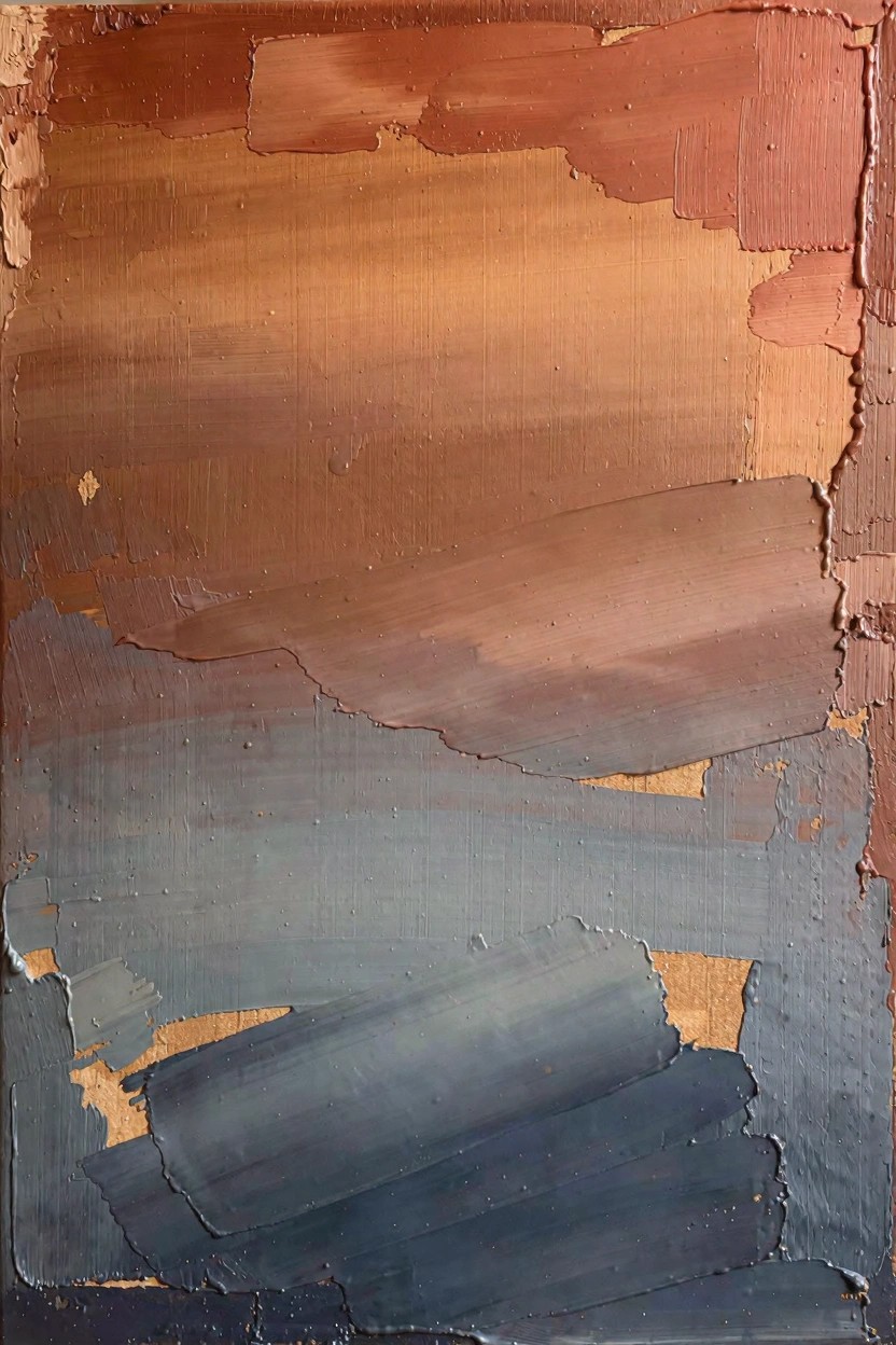 Vertical abstract oil painting with thick, textured layers of paint transitioning from warm orange-browns at the top to cool blue-grays at the bottom, showing ragged edges and exposed wood.