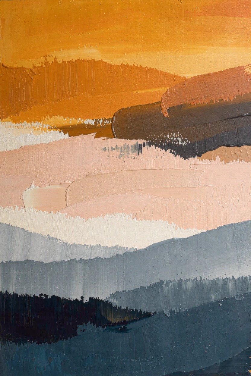 Abstract oil painting of horizontal layered bands in orange, pink, gray, and blue resembling stratified hills.