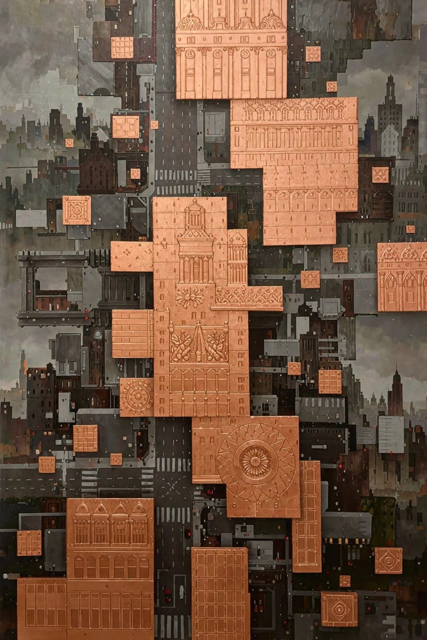 Abstract cityscape oil painting with layered copper-colored ornate architectural panels forming buildings over a gray urban grid and streets.