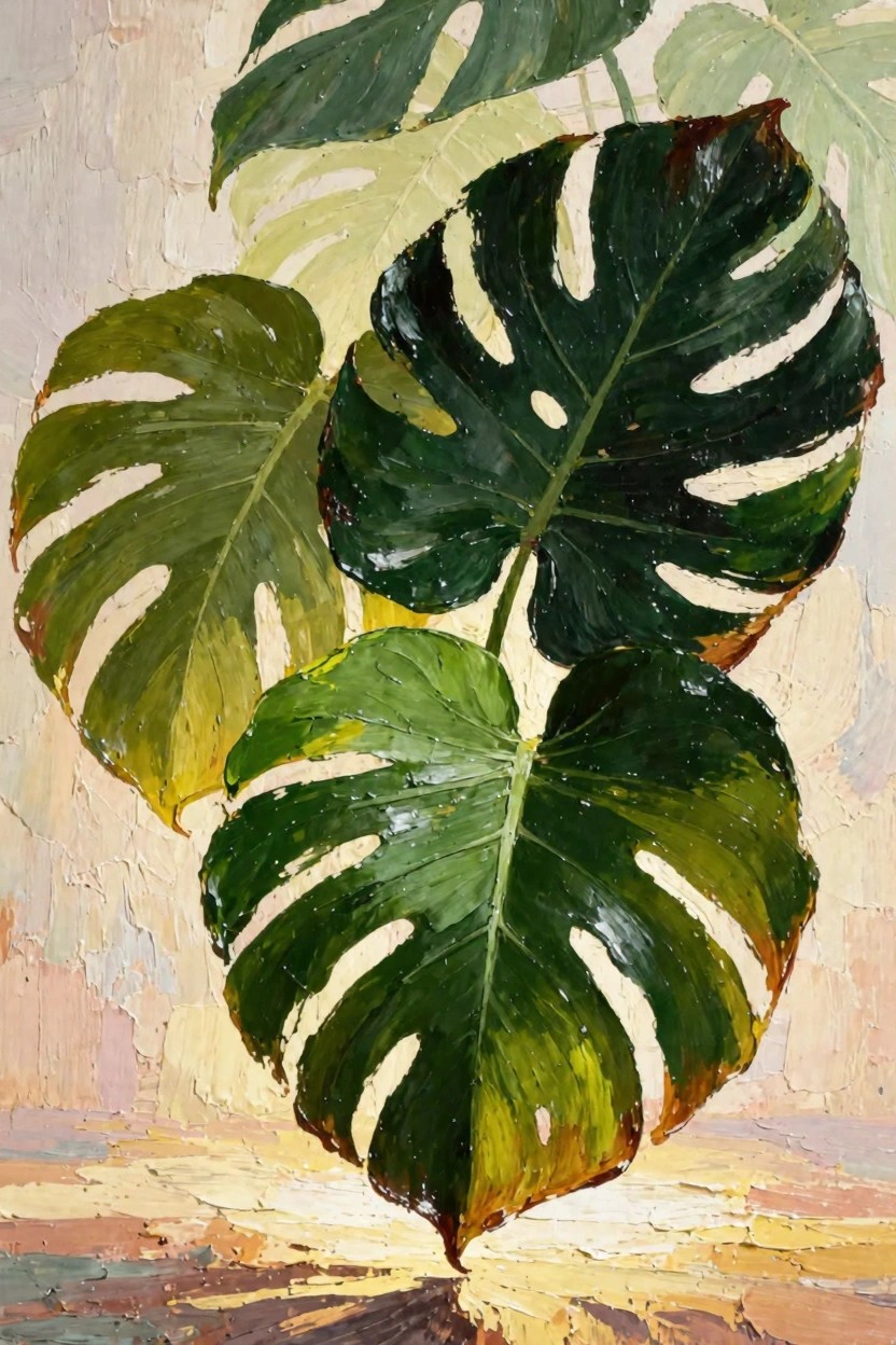 Oil painting of overlapping green Monstera leaves with splits and holes against a textured warm beige and yellow background.