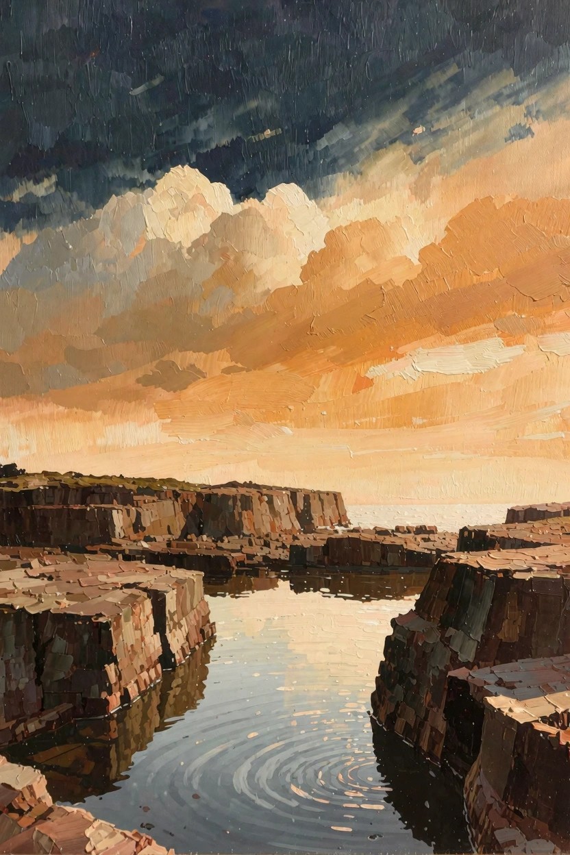 Oil painting of stratified reddish-brown cliffs enclosing a narrow inlet of rippling reflective water beneath dark stormy clouds fading into orange sunset skies.