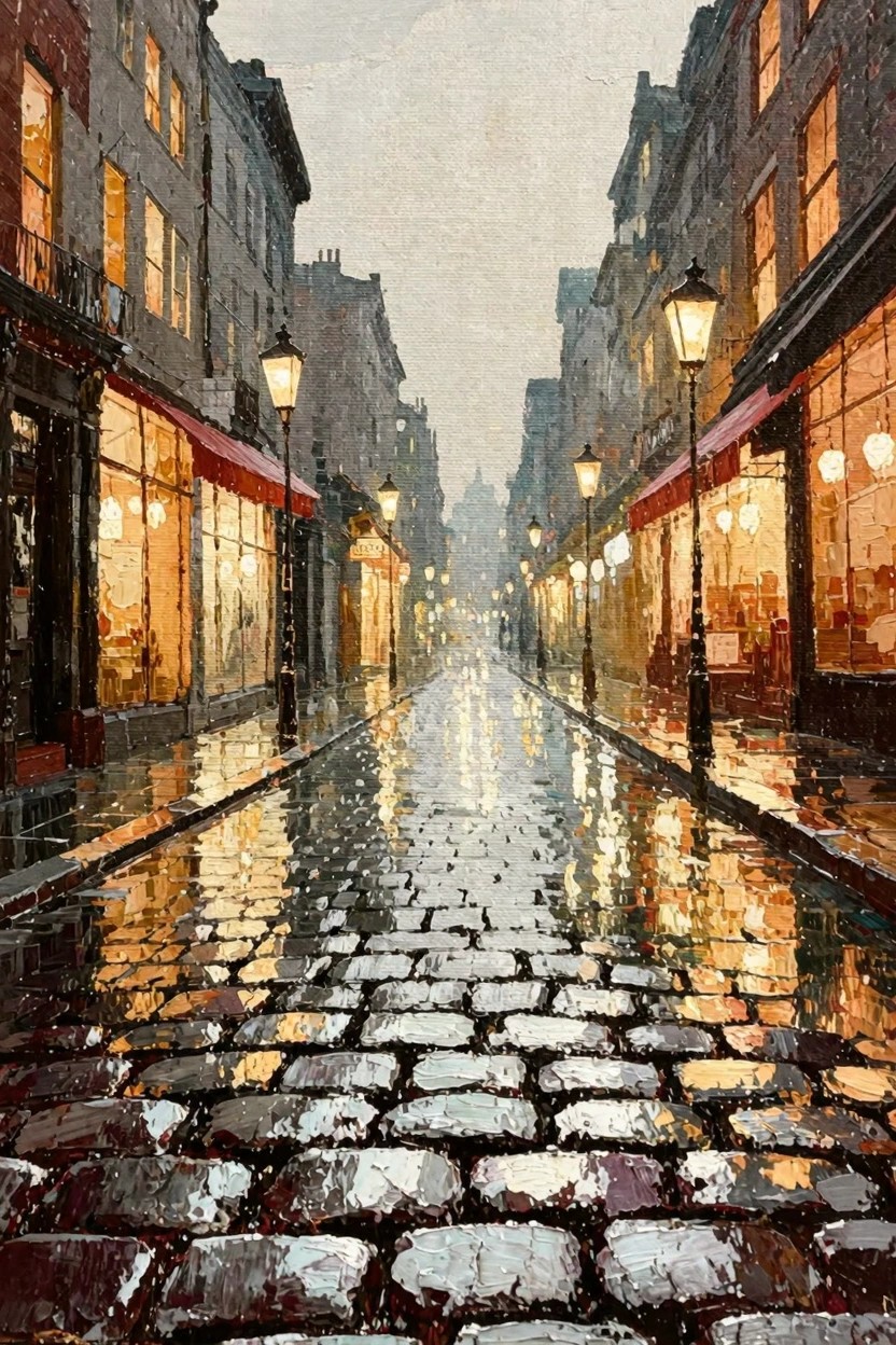 Oil painting of a narrow rainy cobblestone street at night lined with glowing shop windows, lampposts, and building reflections on wet pavement.