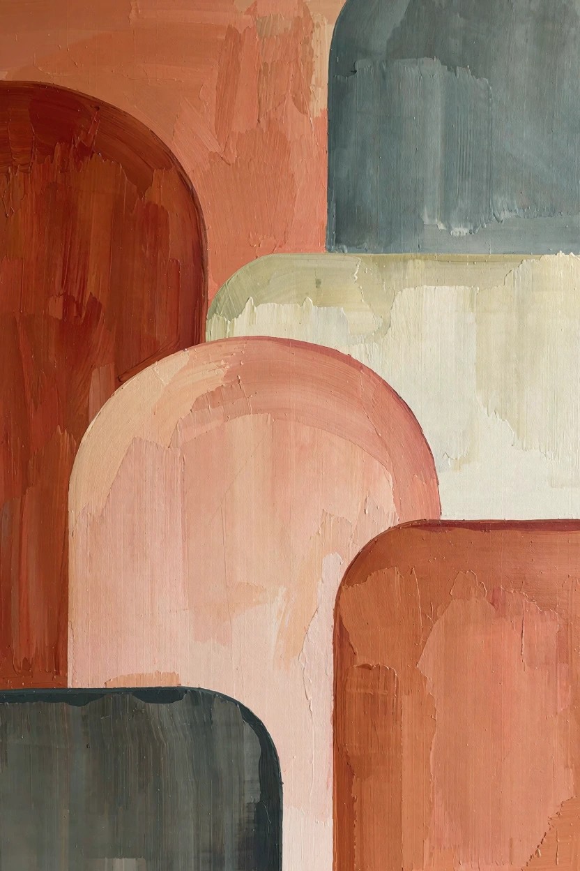 Abstract oil painting featuring overlapping curved arches in earthy reds, pinks, grays, beiges, and whites with visible textured brushstrokes.