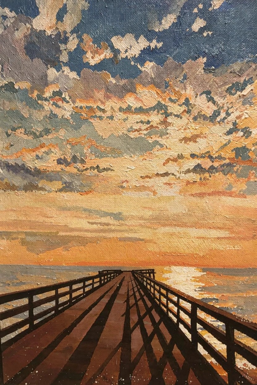 Oil painting of a dark wooden pier stretching into the ocean toward a sunset horizon under a cloudy sky in oranges, blues, and purples.