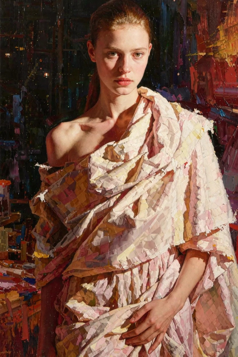 Oil painting of a red-haired woman with neutral expression, draped in textured off-shoulder fabric, against a dark urban industrial background with lights.