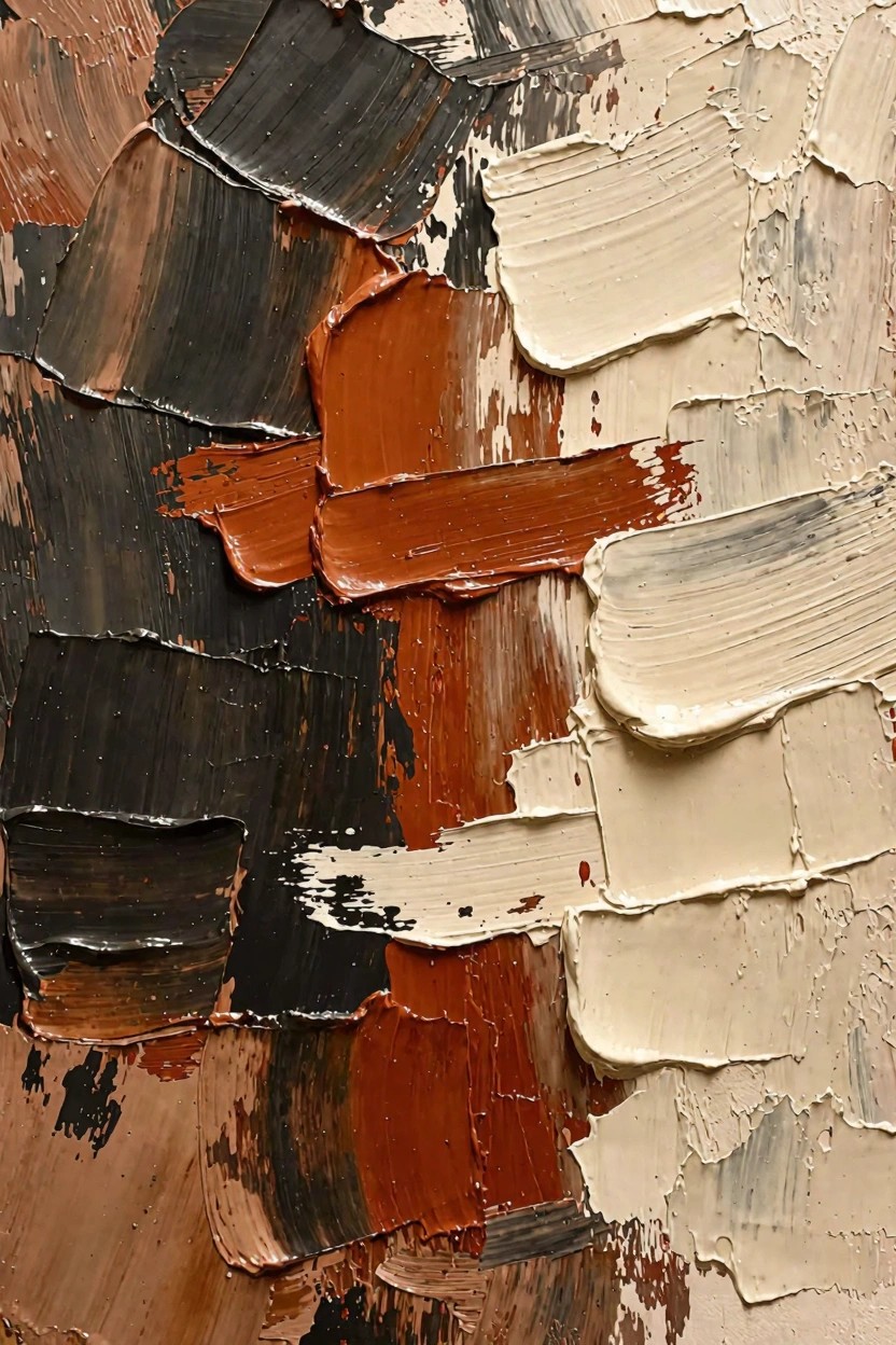 Abstract oil painting with thick impasto brushstrokes in black, rust red, brown, cream, and white tones.