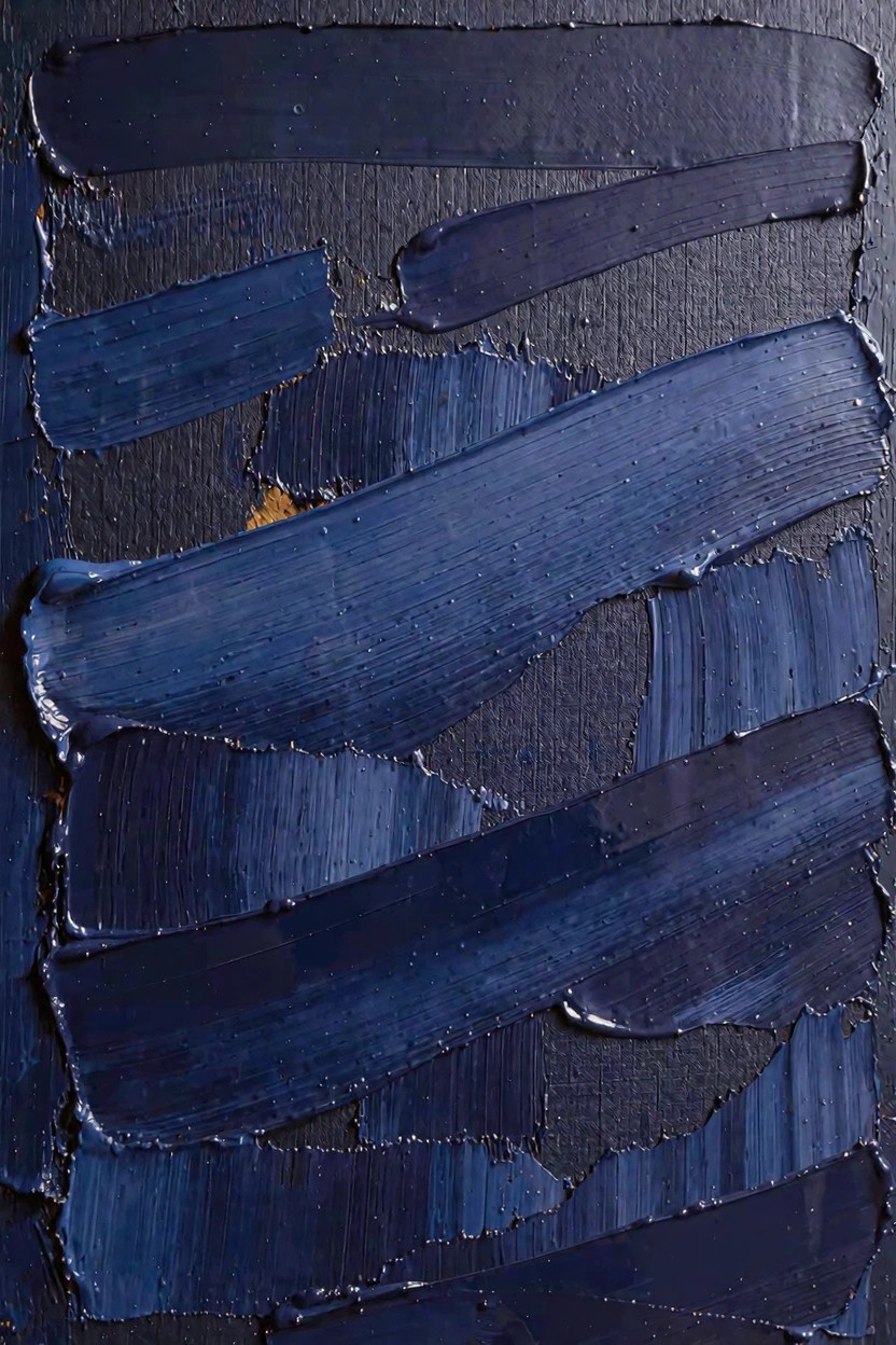 Abstract oil painting featuring thick, layered impasto strokes in shades of navy and blue with subtle gold highlights on a dark textured background.