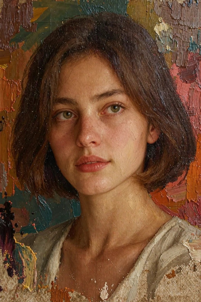 Oil painting of a young woman with brown bob haircut, green eyes, freckles, pale lips, and white off-shoulder top against multicolored abstract background.