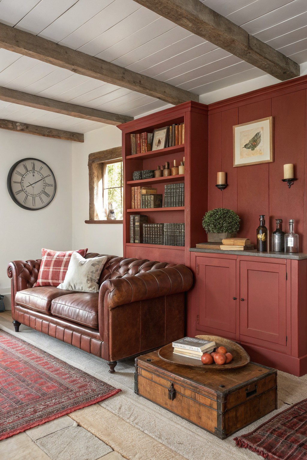 Cozy farmhouse living room corner with deep red painted built-in bookcases, tufted leather sofa, wood beams, and rustic accents