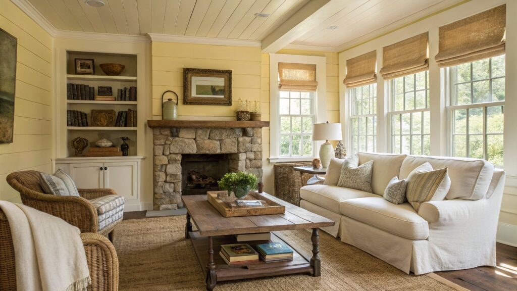 Rustic farmhouse living room featuring pale butter yellow walls, white slipcovered furniture, stone fireplace, and beamed white ceiling with large windows