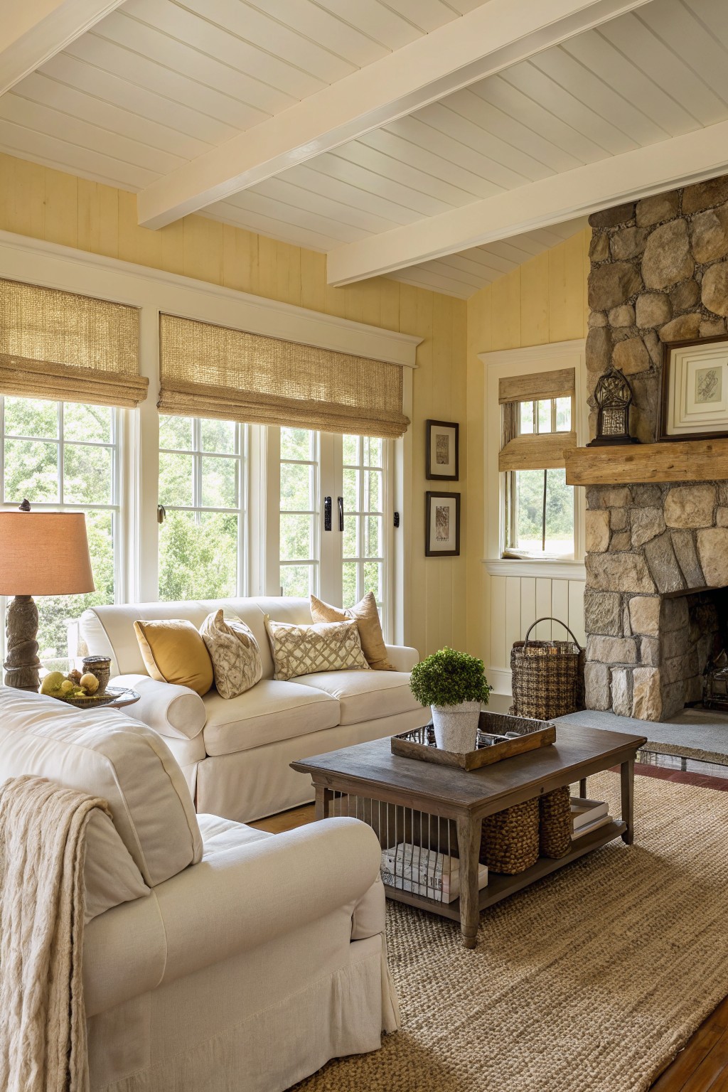 Rustic farmhouse living room featuring pale butter yellow walls, white slipcovered furniture, stone fireplace, and beamed white ceiling with large windows
