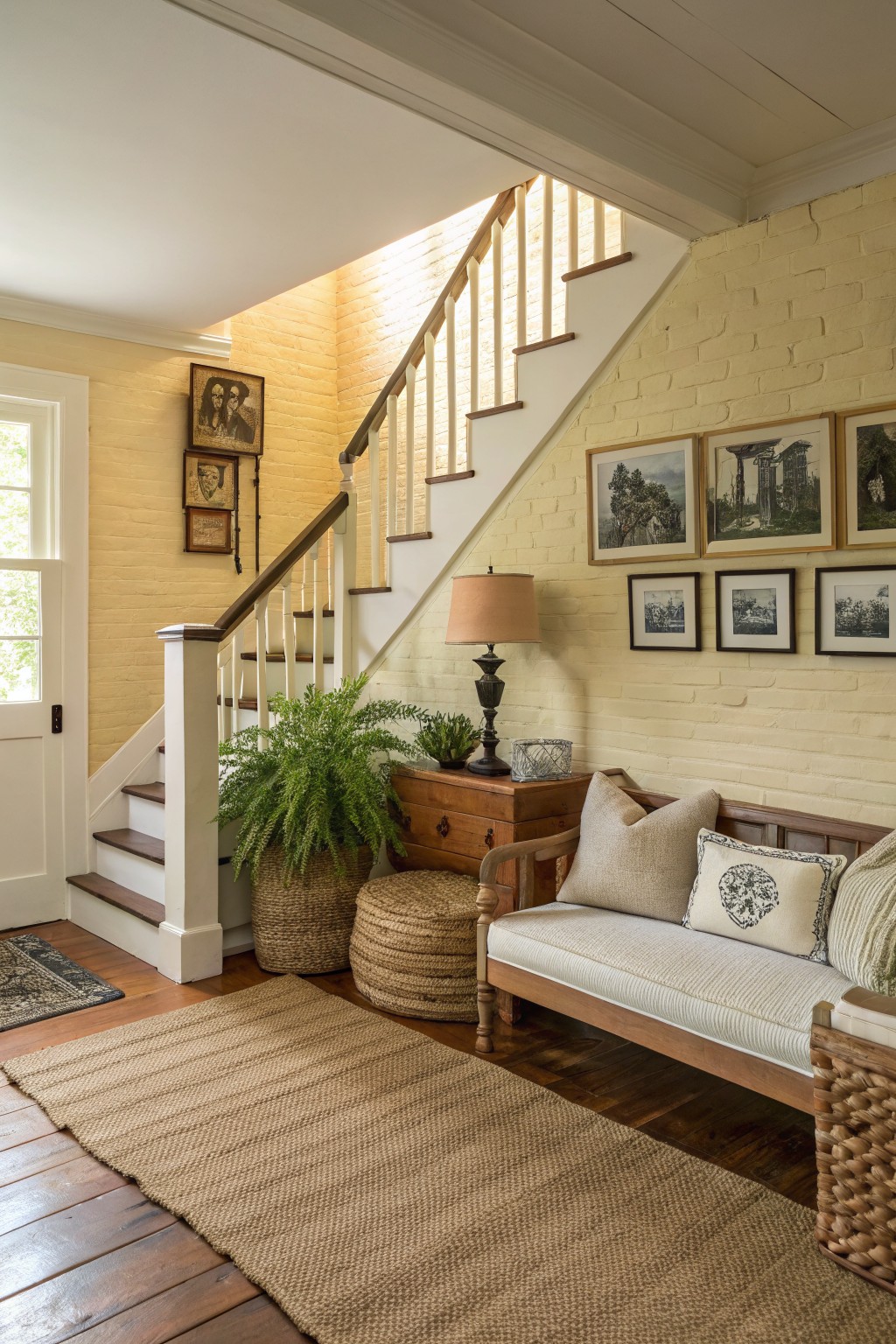 Cozy entryway featuring pale yellow brick walls, white wooden staircase, antique bench with pillows, potted plants, and seagrass rug on hardwood floors