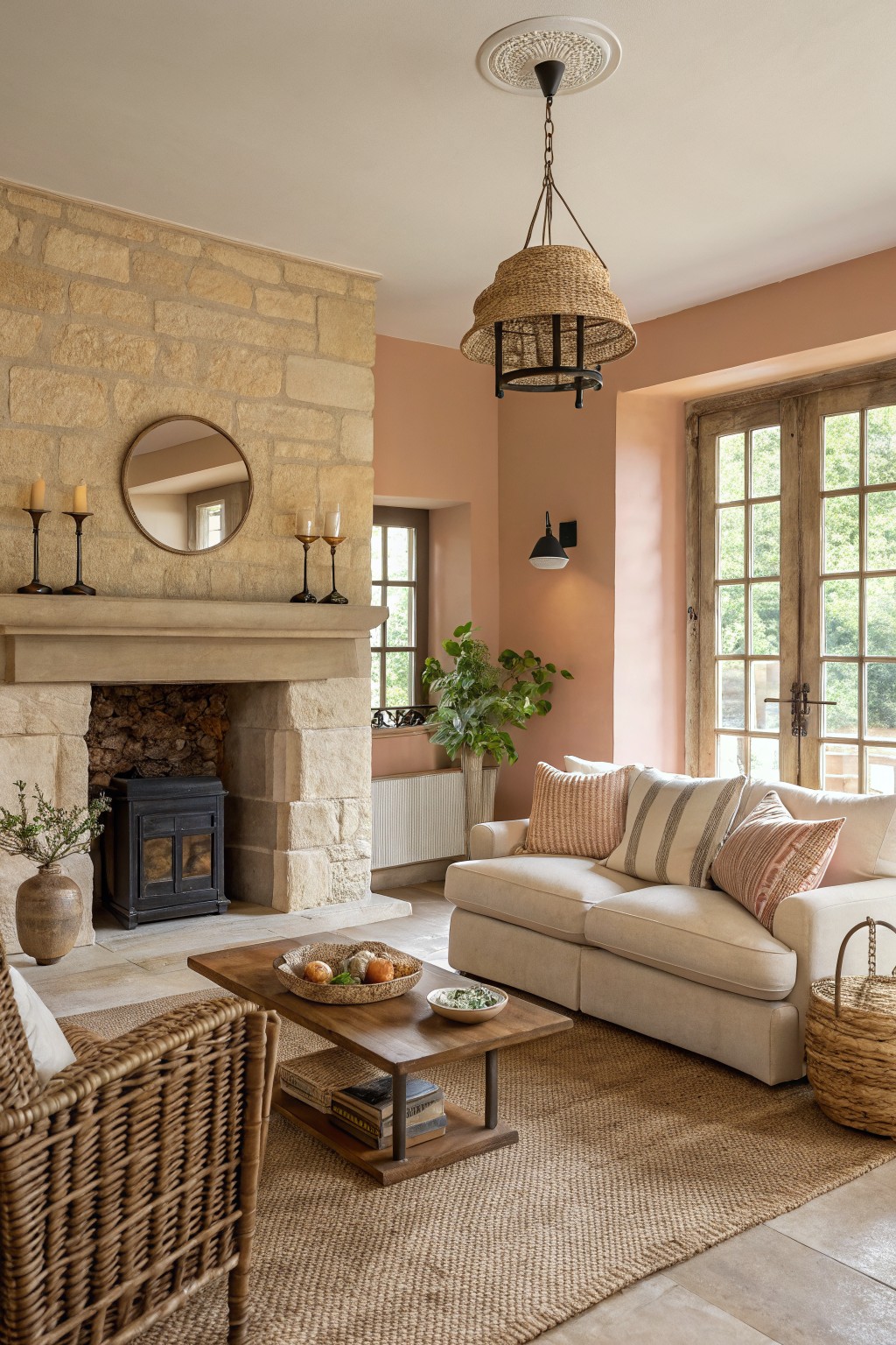 Cozy living room with soft blush pink walls, stone fireplace, white sofa, and rattan accents
