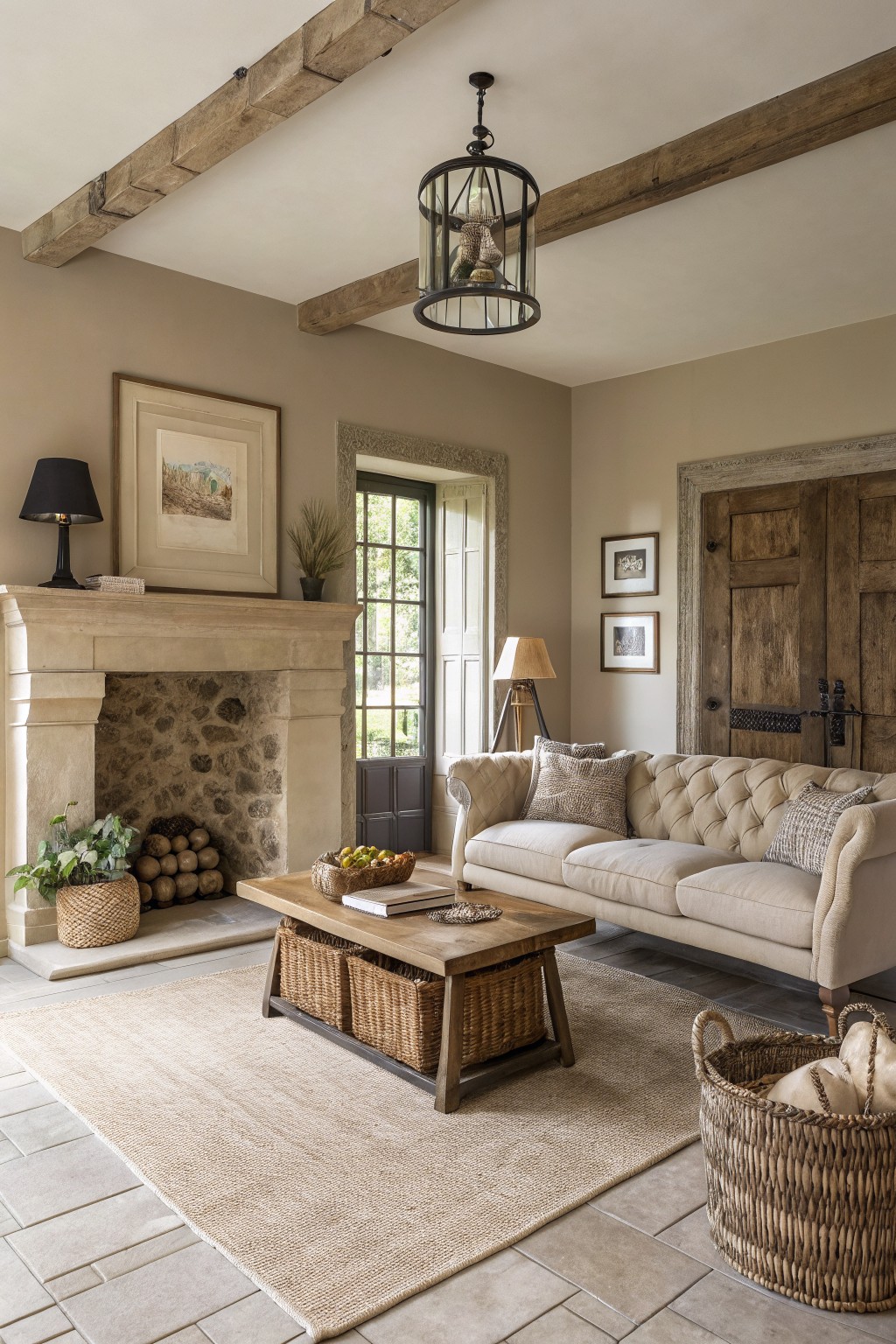 Rustic living room with soft greige walls, wood beams, stone fireplace, tufted sofa, and woven accents
