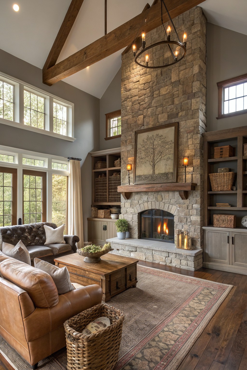 Rustic living room with soft greige walls, tall stone fireplace, wooden beams, leather sofas, and woven baskets