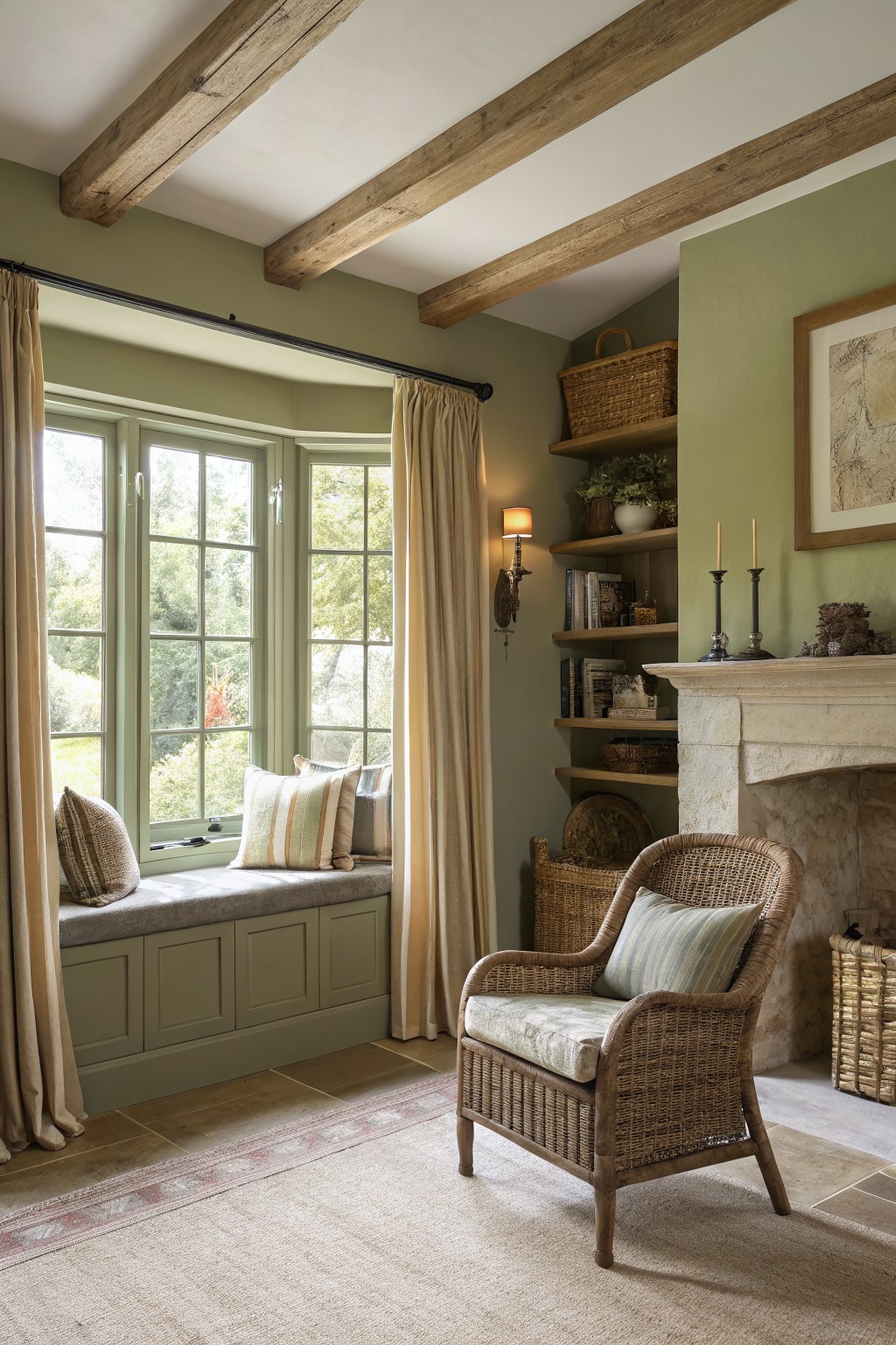 Rustic living room featuring soft sage green walls around a window seat and fireplace nook