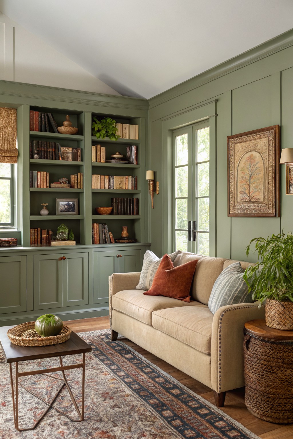 Cozy living room with soft sage green walls, built-in bookshelves, and beige sofa
