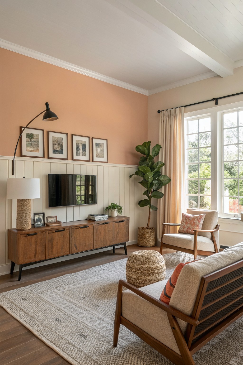 Living room featuring soft terracotta upper walls above white wainscoting, a wooden TV credenza, potted fiddle leaf fig plant, woven chairs with orange pillows, and large windows with cream curtains on a light rug