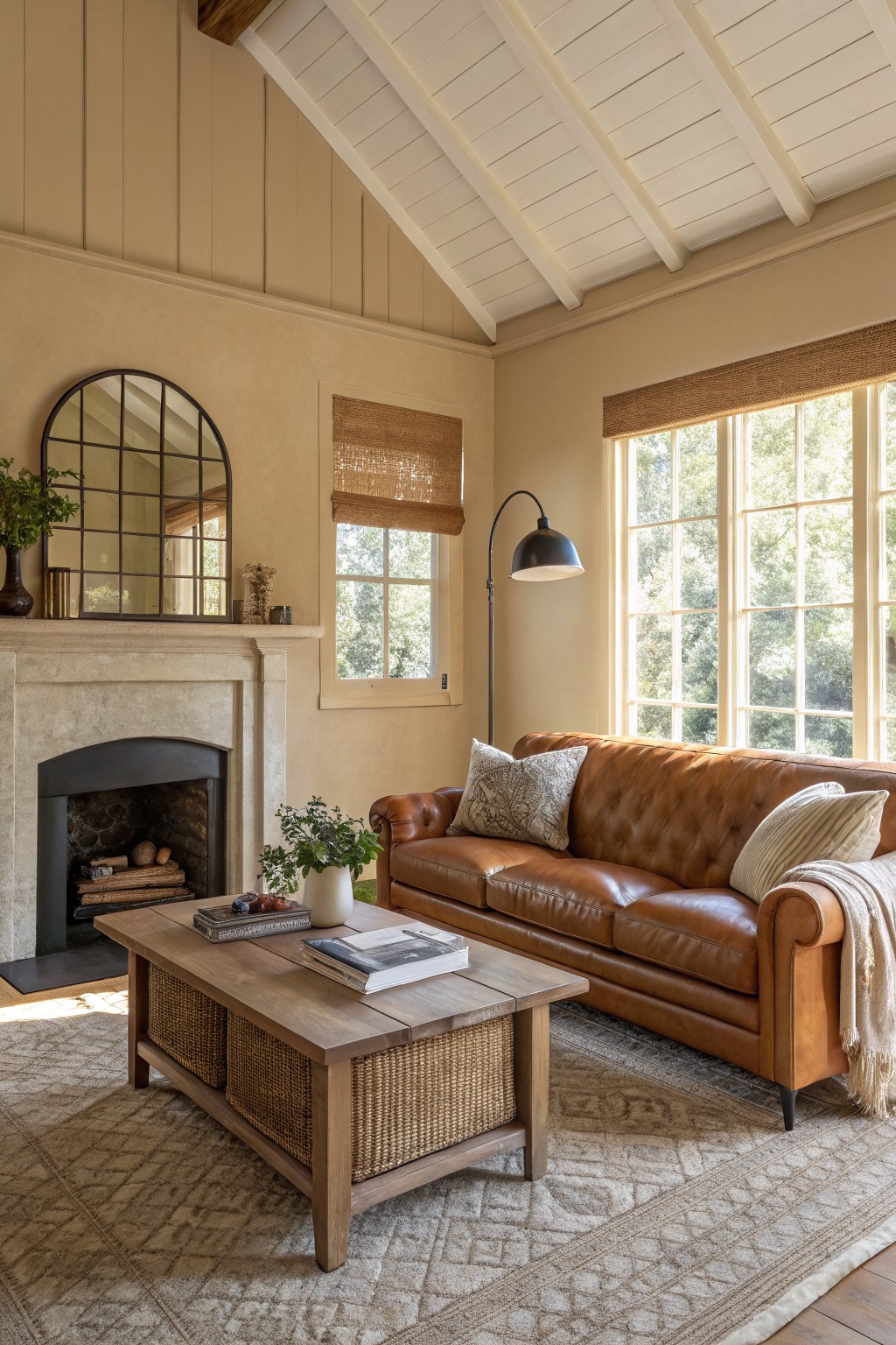 Warm beige walls in a rustic living room with tan leather sofa, wood coffee table, stone fireplace, and large windows