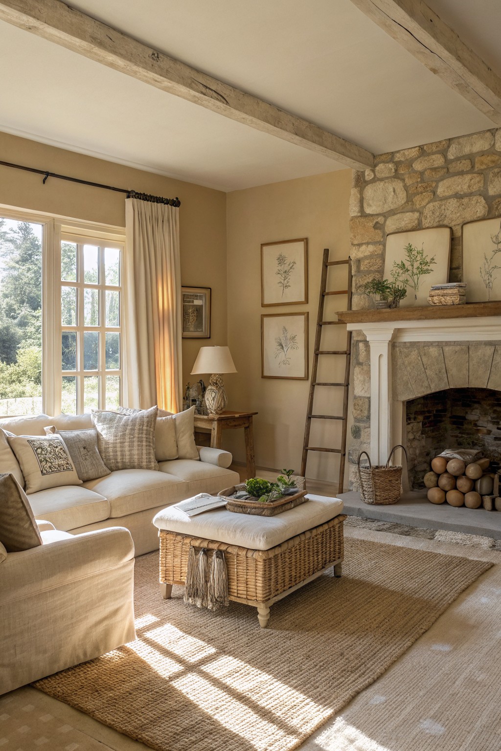 Rustic farmhouse living room with soft warm beige walls, cream sofa piled with pillows, stone fireplace, wooden beams, and seagrass rug in sunny light