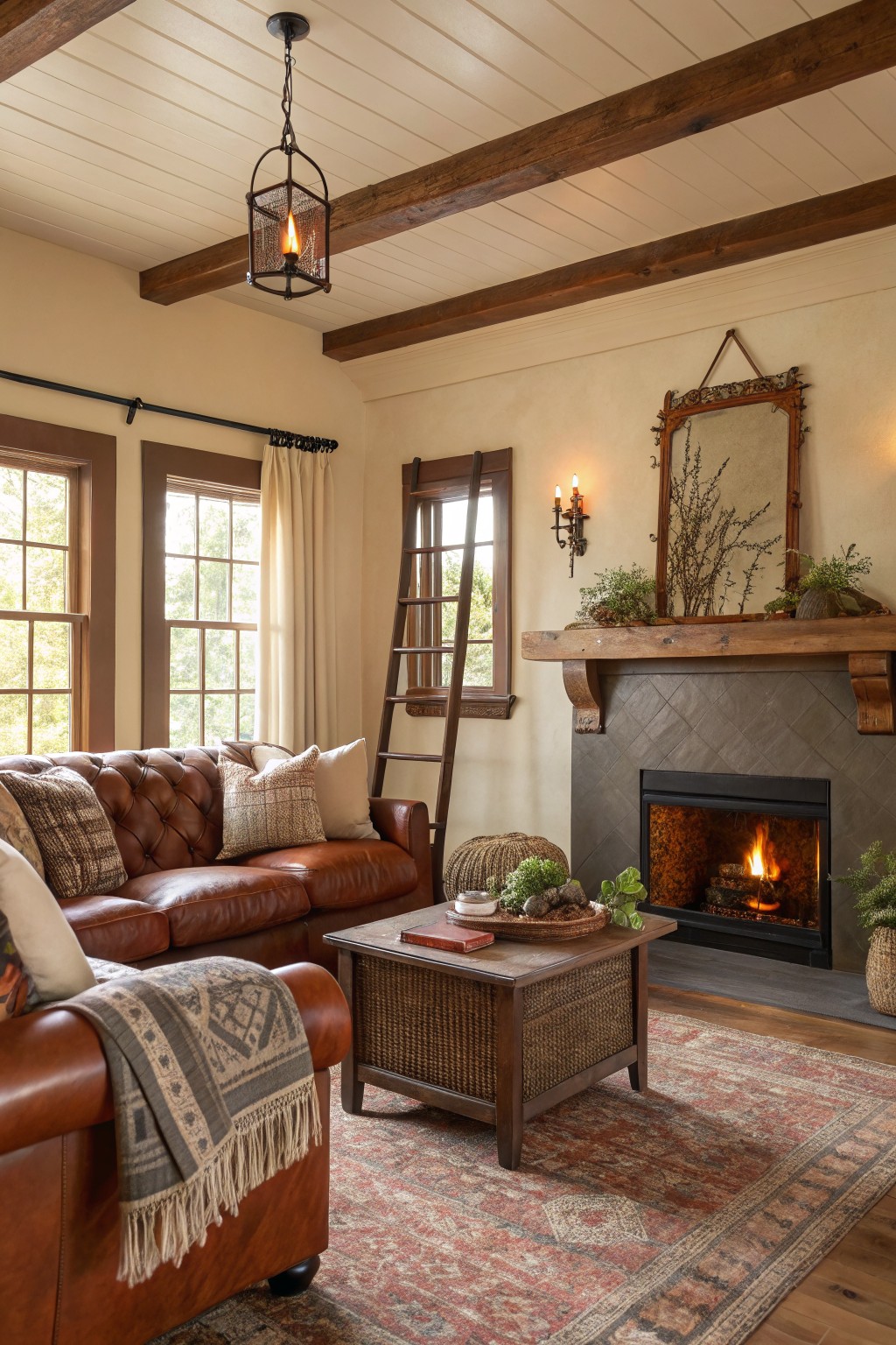Rustic farmhouse living room featuring warm beige walls, tufted leather sofa, woven coffee table, and wood-beamed ceiling around a glowing fireplace